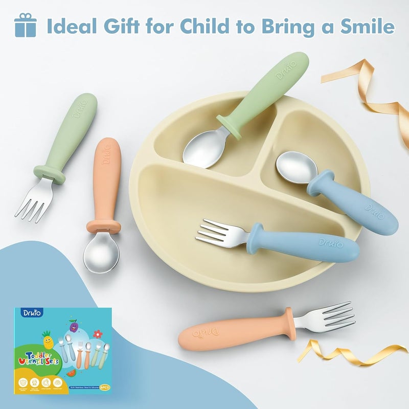 DRKIO 6 Pieces Toddler Utensils Set - Kids Silverware Set with Silicone Handle Children Safe 18/8 Stainless Steel Forks and Spoons Anti-Choke Design Food Grade Dishwasher Safe - Image 5